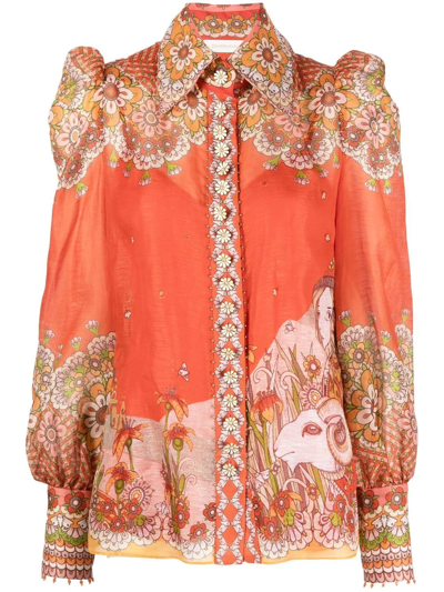 Zimmermann Kaleidoscope Zodiac-print Silk-blend Shirt In Orange