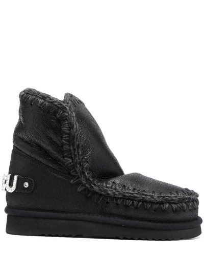Mou Eskimo Sneaker Low Heels Ankle Boots In Black Leather In Schwarz