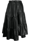 B+AB FAUX-LEATHER TIERED MIDI SKIRT