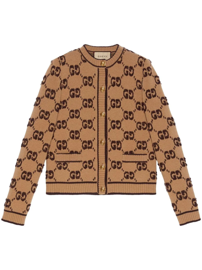 Gucci Gg-jacquard Wool Cardigan In Neutrals