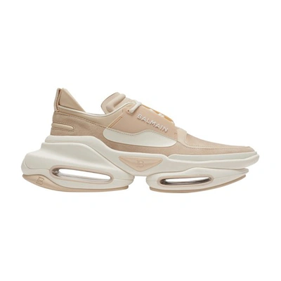 Balmain B-bold Low-top Trainers In Leather And Suede In Beige Blanc