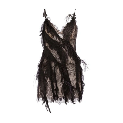 Alberta Ferretti Feather-trim Ruffle Lace Mini Slip Dress In Black