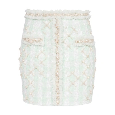 Balmain Tweed Embellished Mini Skirt In Vert