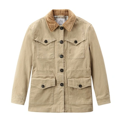 Woolrich Single-breasted Twill Overshirt In Gold Khaki