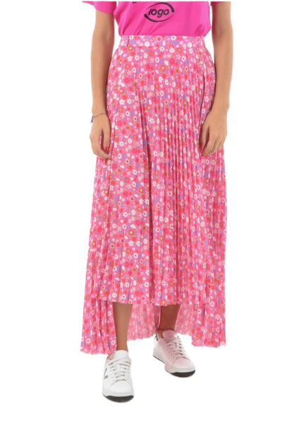 Balenciaga Floral-print Plissé-crepe Midi Skirt In Pink