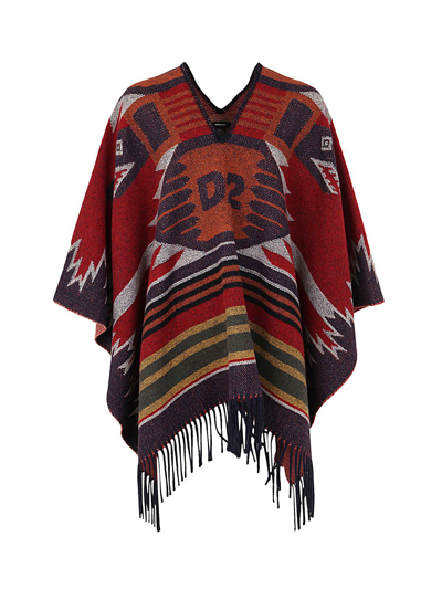 Dsquared2 Fringed Hem V-neck Oversized Cape In Red