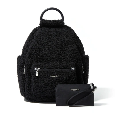 Baggallini All Day Backpack With Rfid Phone Wristlet In Black Faux Shearling