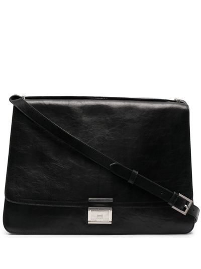 Ami Alexandre Mattiussi Large Clasp-fastened Leather Crossbody Bag In Black