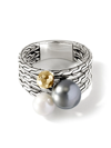 JOHN HARDY 18KT GOLD CARVED CHAIN FRESHWATER PEARL AND TAHITIAN PEARL MULTI ROW RING