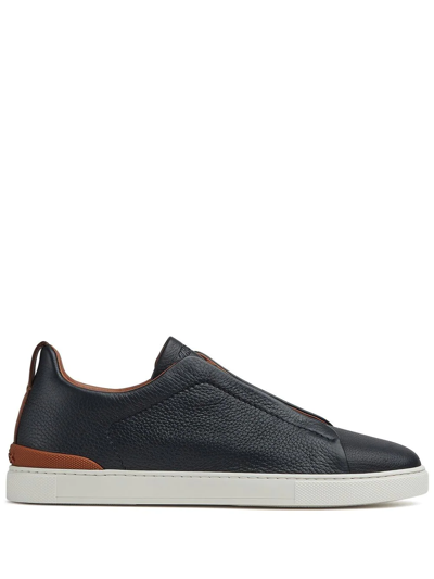 Zegna Men's Triple Stitch Leather Low-top Sneakers In Dark Blue Solid