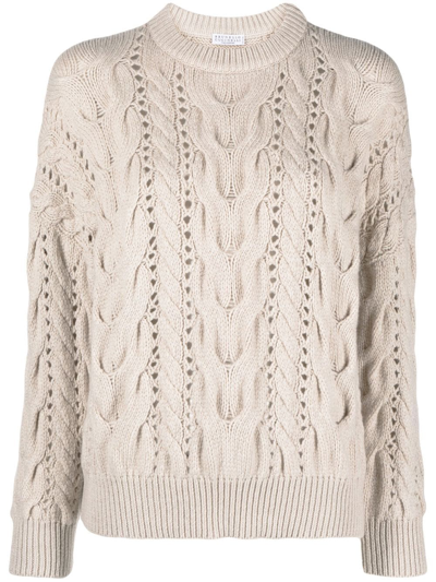 Brunello Cucinelli Openwork Cable-knit Jumper In Neutrals