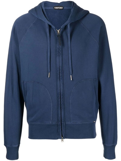 Tom Ford Garment-dyed Cotton-jersey Zip-up Hoodie In Blue