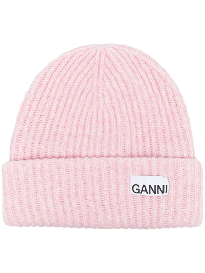 Ganni Rib-knit Logo-patch Beanie In Pink