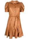 Alice And Olivia Ofra Pleated Belted Vegan Leather Mini Dress In Camel