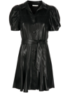 Alice And Olivia Jem Vegan-leather 70s-collar Puff-sleeve Dress In Black