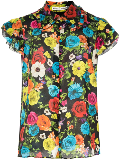 Alice And Olivia Martel Flutter-sleeve Silk Button Down Top In Nocolor
