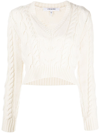 Frame Cropped Cable Knit V-neck Sweater In White