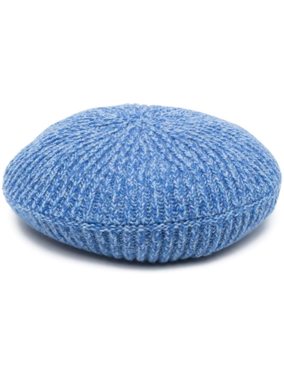 Ganni Structured Rib Knit Wool Blend Beret In Blue