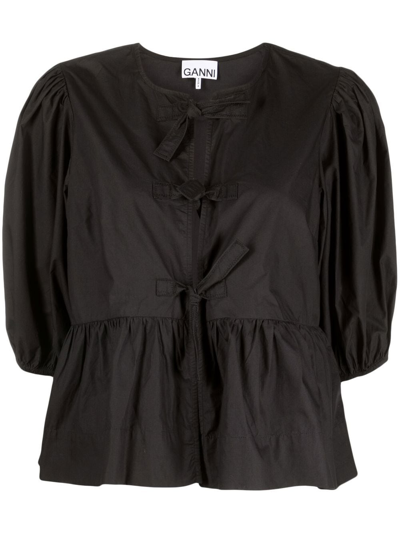 Ganni Puff-sleeved Peplum Blouse In Black