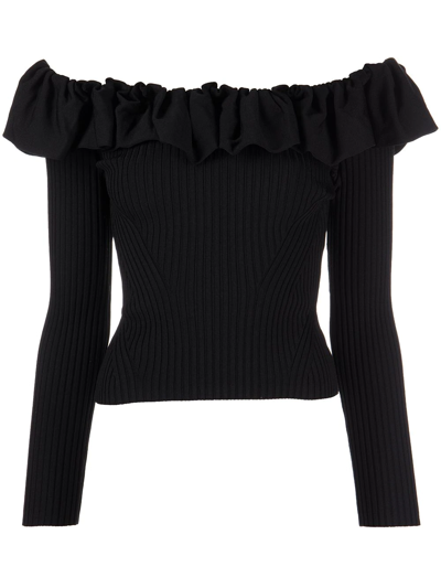 Jonathan Simkhai Isabelle Off-the-shoulder Ruffled Ribbed-knit Top In Black