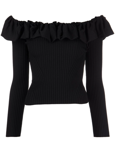 Simkhai Isabelle Off-the-shoulder Ruffled Ribbed-knit Top In Black