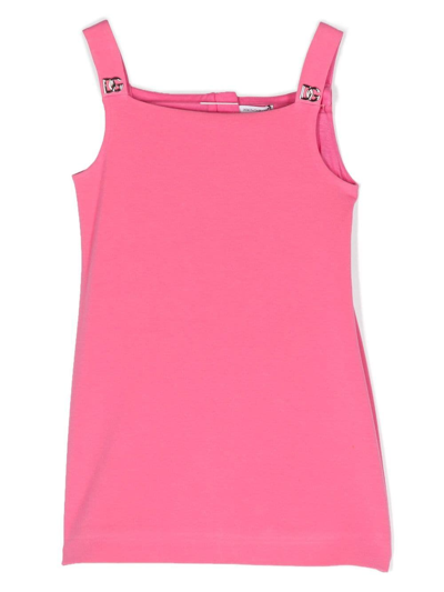 Dolce & Gabbana Kids' Sleeveless Cady Cotton Dress W/ Logos In Pink