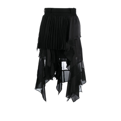 Sacai Asymmetric Pleated Crepe, Tulle And Satin Skirt In Black