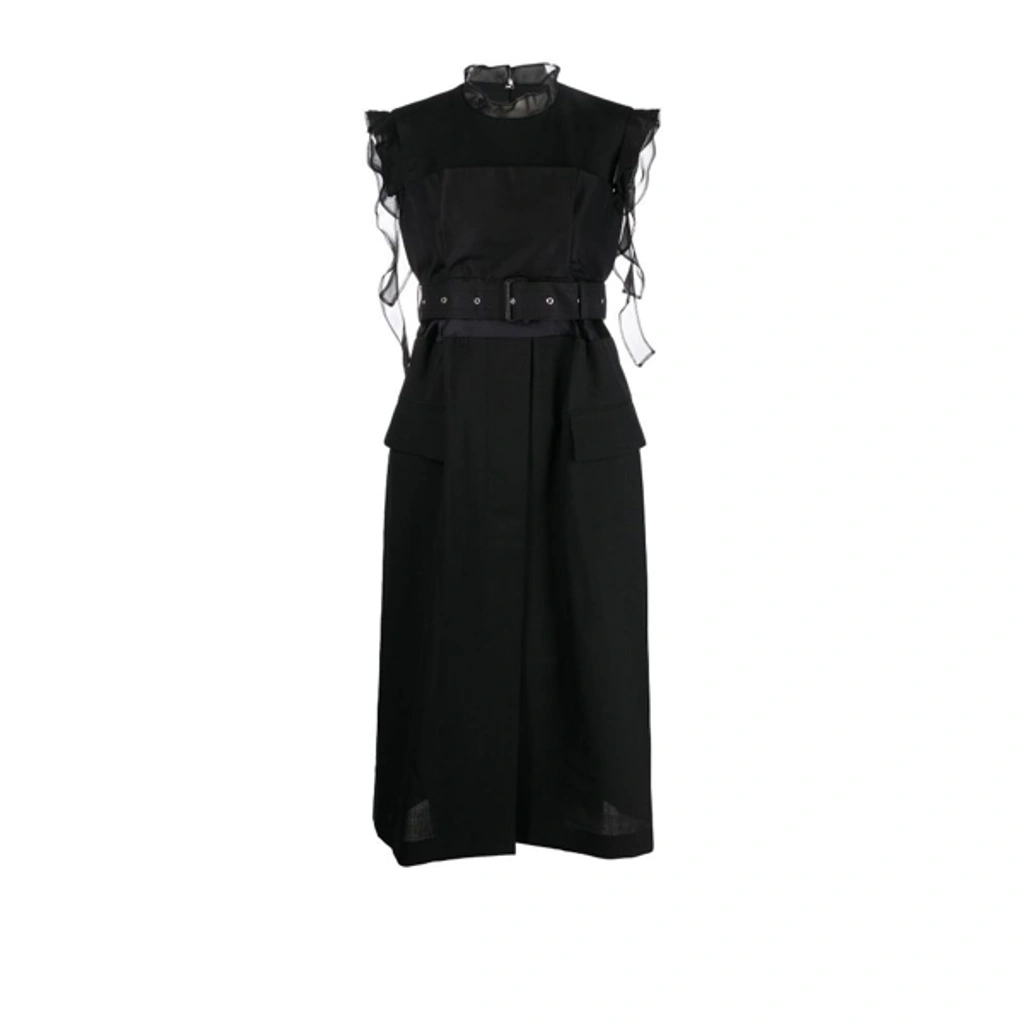 Sacai Black Panelled Belted Midi Dress | ModeSens