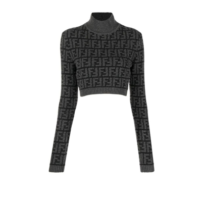 Fendi Monogram Jacquard Cropped Knit Jumper In Black