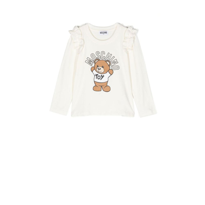 Moschino Kids' Neutral Teddy Bear Print Ruffled Cotton Top In Neutrals