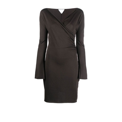 Bottega Veneta Black Off-the-shoulder Long Sleeve Dress In Brown