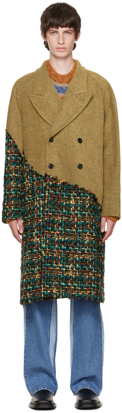 Andersson Bell Beige/multi-coloured Wool Double-breasted Coat In Green