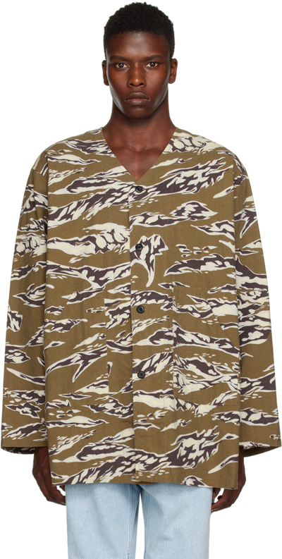 South2 West8 Khaki V-neck Army Shirt In A-tiger