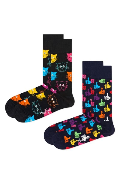 Happy Socks Assorted 2-pack Classic Cat Cotton Blend Crew Socks In Asst