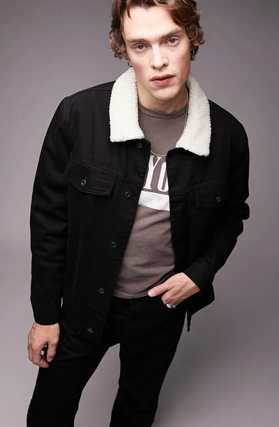 Topman Faux Shearling Collar Denim Jacket In Black