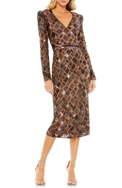 Mac Duggal Diamond Bead Long Sleeve Midi Dress In Chocolate