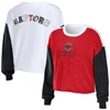 WEAR BY ERIN ANDREWS WEAR BY ERIN ANDREWS HEATHER RED TORONTO RAPTORS MIXED LETTER CROPPED PULLOVER SWEATSHIRT