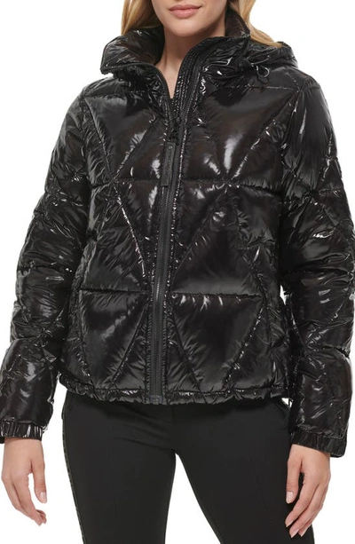 Karl Lagerfeld Water Resistant Down & Feather Fill Short Hooded Puffer Coat In Black