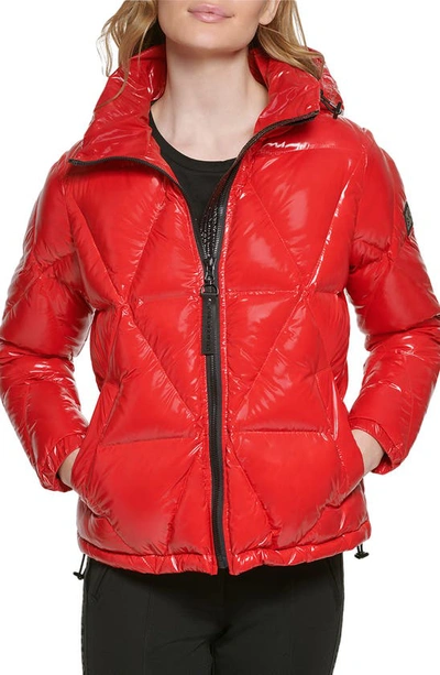 Karl Lagerfeld Water Resistant Down & Feather Fill Short Hooded Puffer Coat In Scarlet