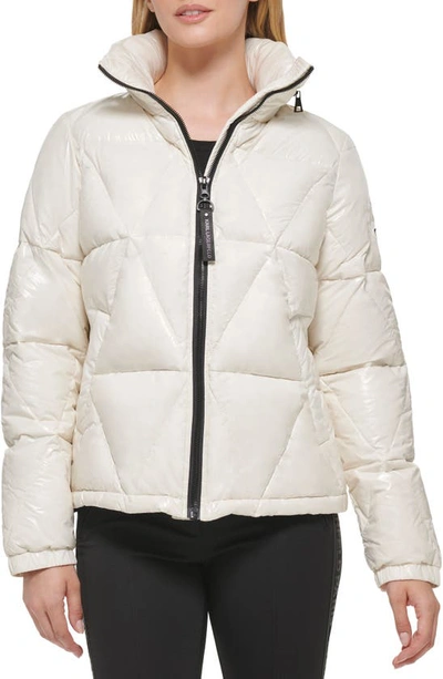 Karl Lagerfeld Water Resistant Down & Feather Fill Short Puffer Coat In Snow