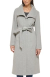 Cole Haan Signature Slick Belted Long Wool Blend Coat In Light Grey