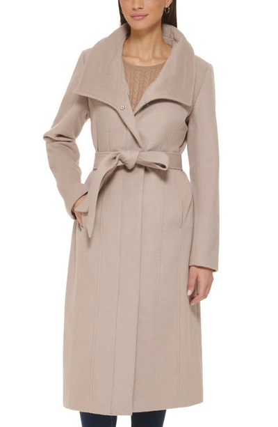 Cole Haan Signature Slick Belted Long Wool Blend Coat In Stone