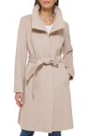 Cole Haan Signature Slick Belted Wool Blend Faux Wrap Coat In Beige
