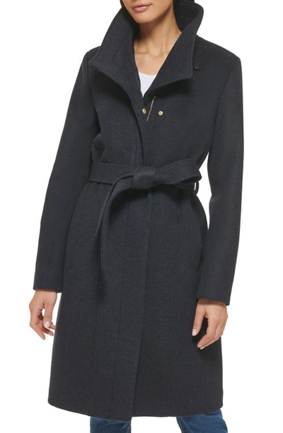 Cole Haan Signature Slick Belted Wool Blend Faux Wrap Coat In Charcoal