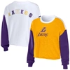 WEAR BY ERIN ANDREWS WEAR BY ERIN ANDREWS HEATHER GOLD LOS ANGELES LAKERS MIXED LETTER CROPPED PULLOVER SWEATSHIRT
