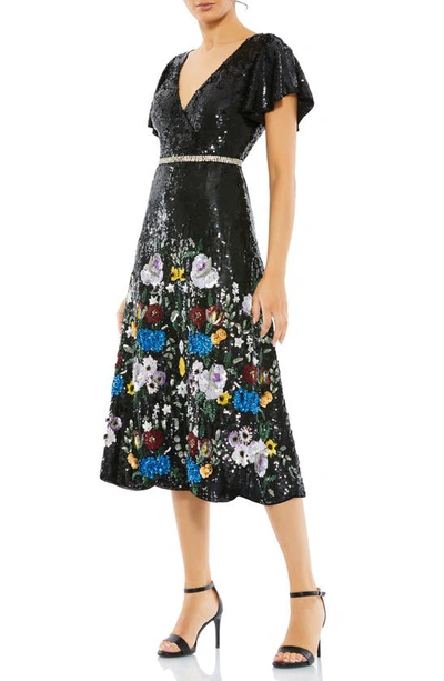 Mac Duggal Floral Sequin Wrap Front Cocktail Dress In Black