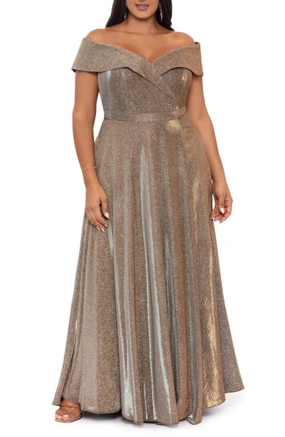 Xscape Plus Size Draped Off-the-shoulder Metallic Gown In Sand