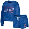 WEAR BY ERIN ANDREWS WEAR BY ERIN ANDREWS ROYAL CHICAGO CUBS TIE-DYE CROPPED PULLOVER SWEATSHIRT & SHORTS LOUNGE SET