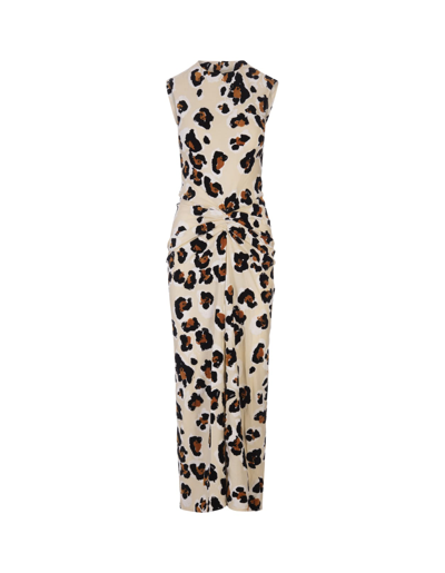 Marni Beige Sleeveless Long Dress With Leopard Pattern In Antique White