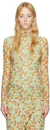 Ganni Printed Mesh Long Sleeve Fitted Rollneck Top In 382 Meadow Celadon G